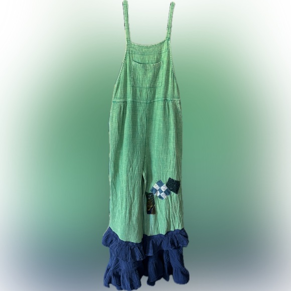 Upcycled Mesh Overalls w/ ruffled bottoms & patchwork. - Picture 2 of 6